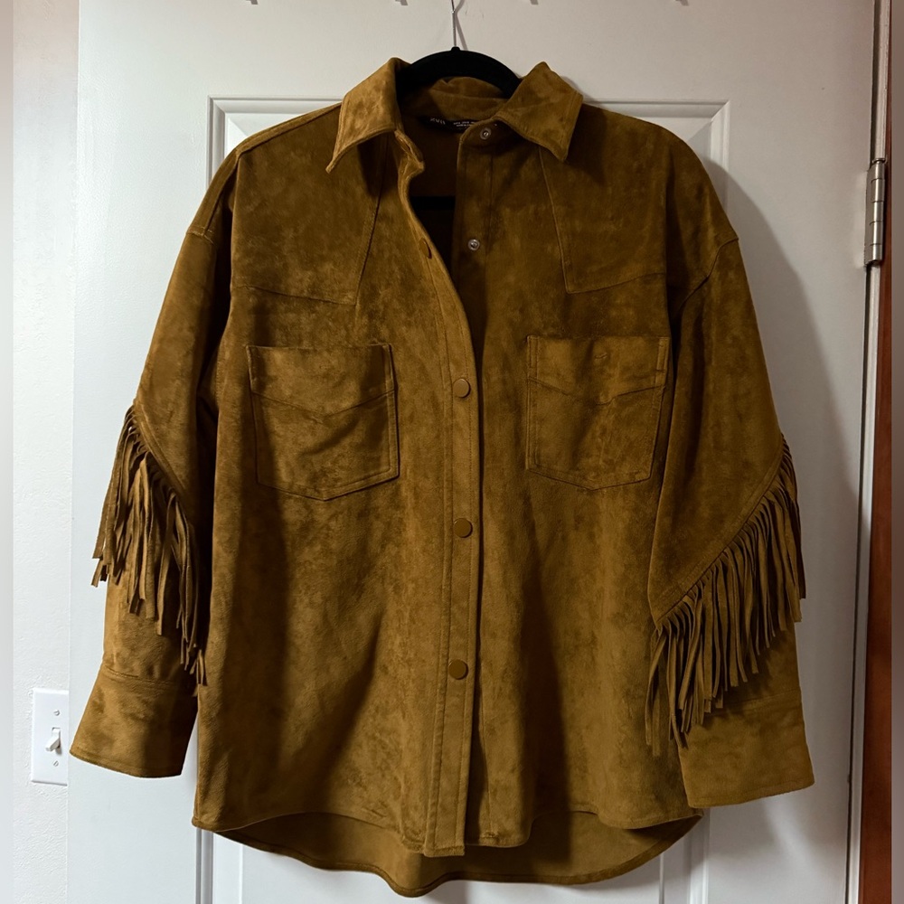 Zara Fringe Utility Jacket Button Down with Suede Texture